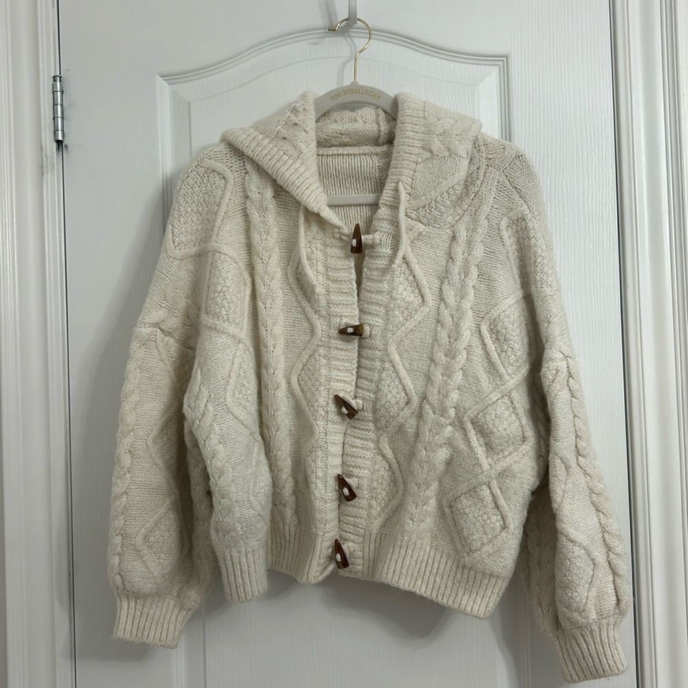 FF Blue cream cropped oversized chunky cable knit hoodie cardigan sweater SZ XS
